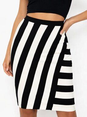 NWOT Banana Republic Asymmetrical Rugby Stripe Pencil Midi Skirt Black Cream 2